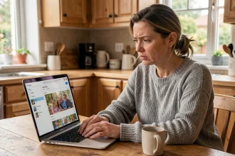 Femme sécurisant son compte Amazon Photos sur un ordinateur portable dans une cuisine chaleureuse