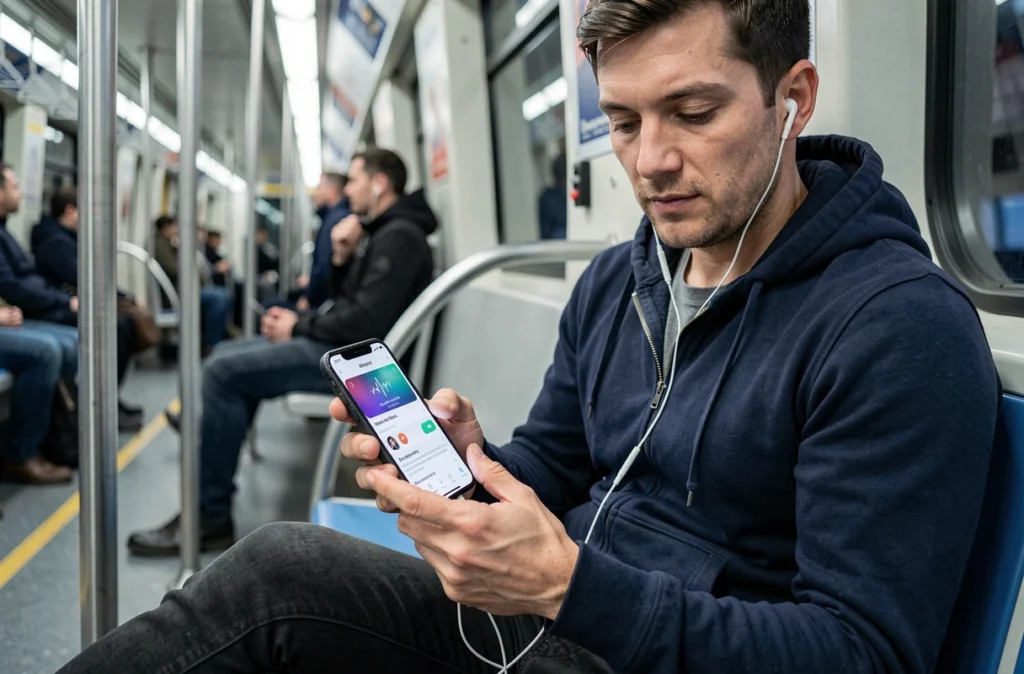 Homme en déplacement utilisant une application de musique sur smartphone avec alerte de mémoire pleine