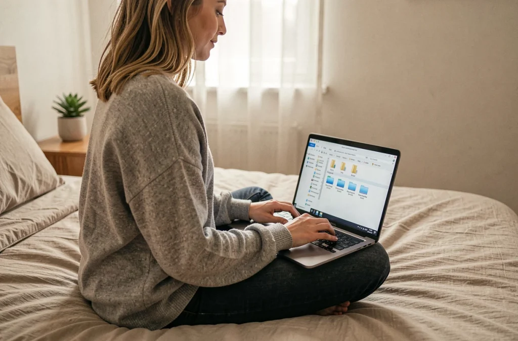 Femme supprimant le cache de FiveM via l'explorateur de fichiers Windows sur un ordinateur portable