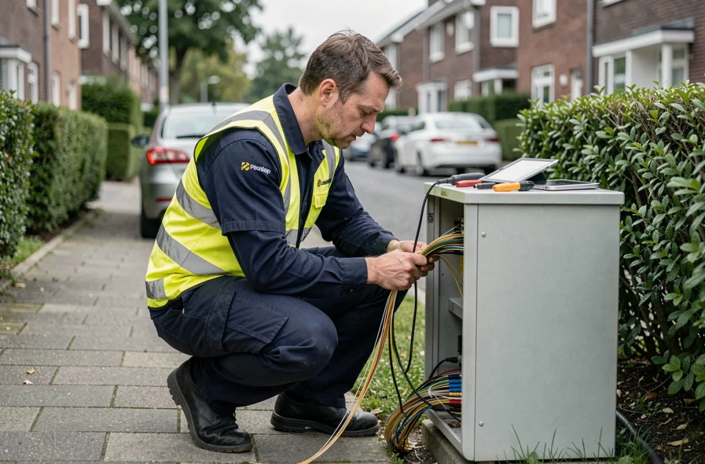 Technicien fibre SFR inspectant un boîtier de distribution optique dans une rue résidentielle