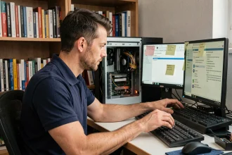 Technicien informatique installant des drivers sur un PC de bureau dans un bureau à domicile bien équipé