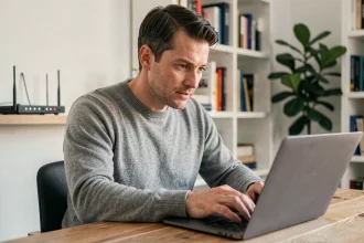 Homme vérifiant l'éligibilité fibre SFR sur son ordinateur portable dans un salon moderne