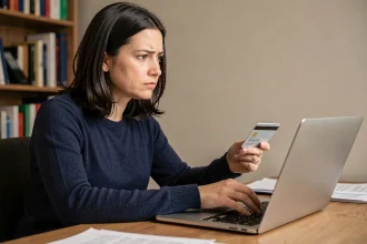 Femme hésitant à entrer ses coordonnées bancaires sur un site d'abonnement en ligne depuis son bureau à domicile