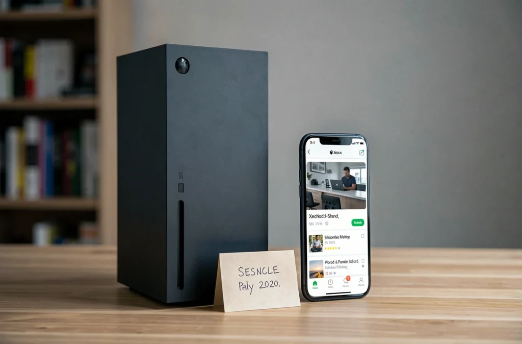 Console Xbox Series X posée sur un bureau avec une étiquette de prix manuscrite et un smartphone affichant une application de revente, évoquant la dépréciation face à la nouvelle Xbox