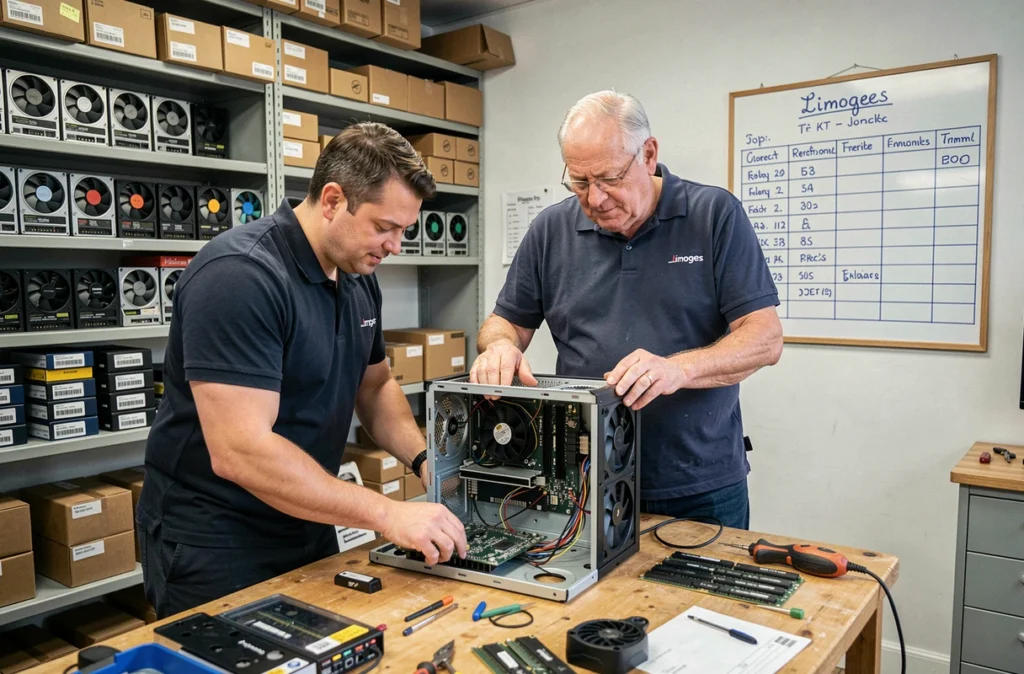 Deux techniciens de C&D Informatique à Limoges collaborant sur un ordinateur de bureau