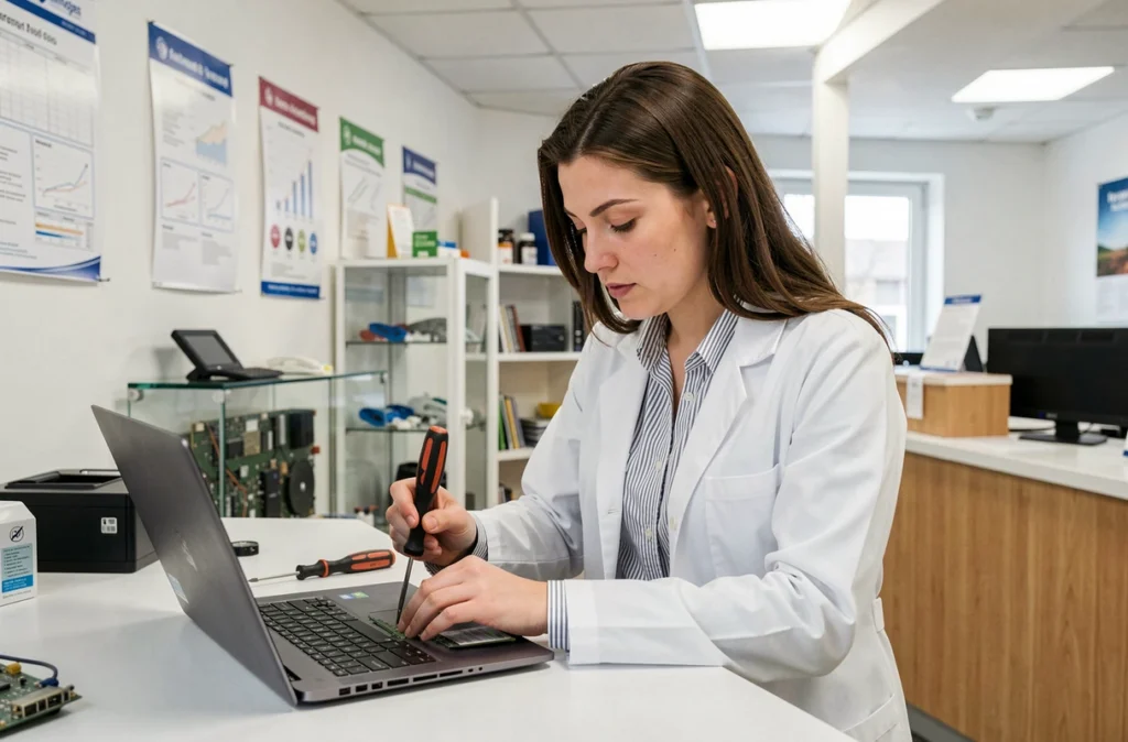 Technicienne de La Clinique Informatique à Limoges réparant un ordinateur portable