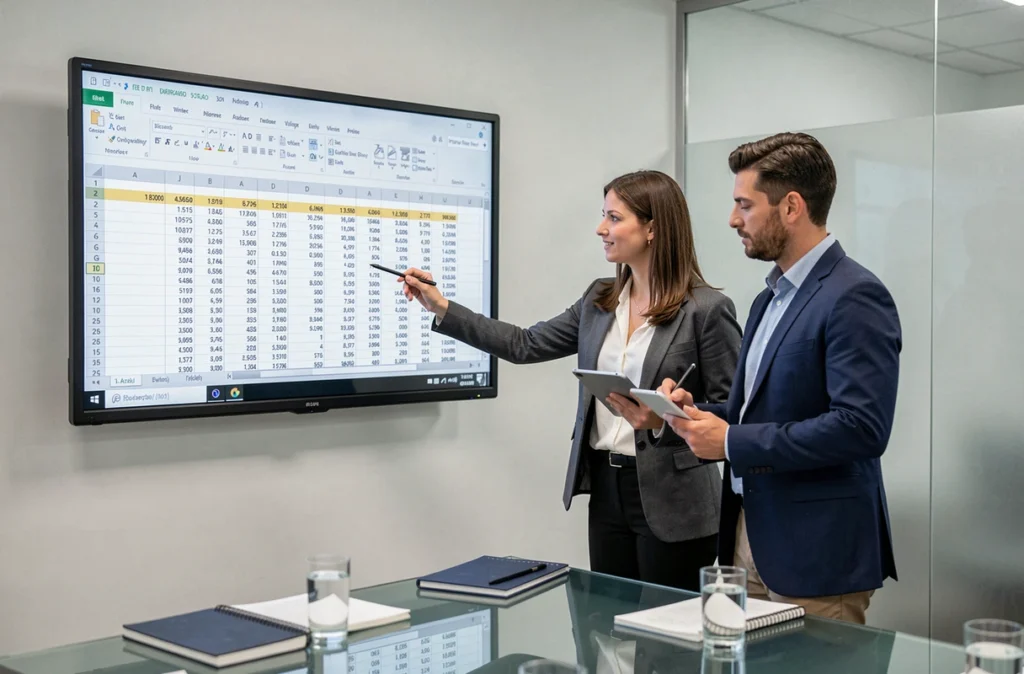 Deux collègues en réunion analysant un tableau de reporting Excel avec lignes de titres figées sur grand écran mural