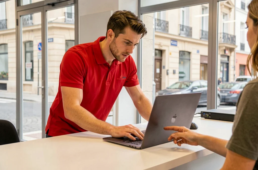 Technicien de Dépanordi à Bordeaux conseillant un client sur la réparation d'un ordinateur