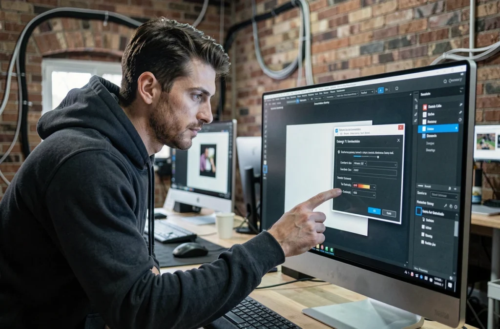 Designer graphique ajustant la taille d'image en pixels et centimètres dans un logiciel de création sur grand écran
