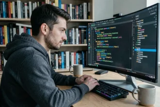 Développeur Python concentré devant un écran affichant du code de dictionnaire dans un bureau moderne