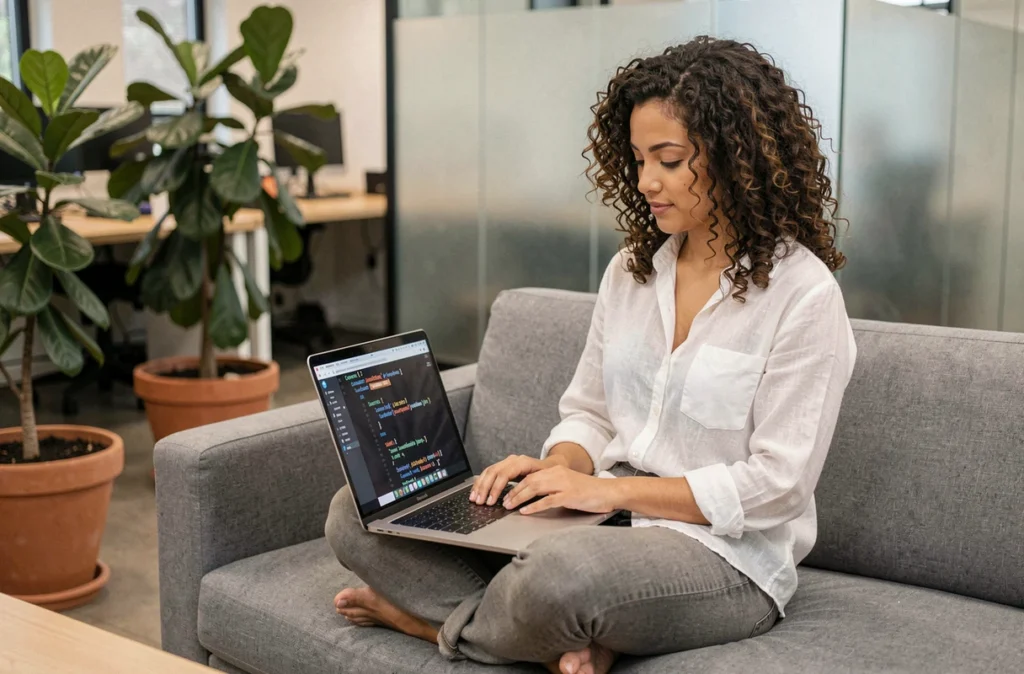 Développeuse manipulant des dictionnaires Python sur un laptop dans un espace de coworking