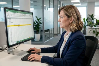 Femme professionnelle travaillant sur un tableau Excel avec des lignes de titres figées sur écran d'ordinateur en open space