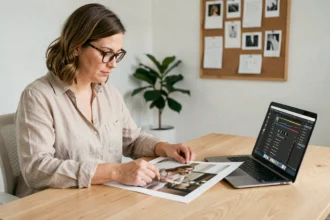 Femme comparant une photo imprimée à son écran d'ordinateur pour comprendre la conversion pixels en centimètres
