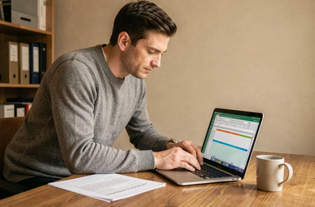 Homme en télétravail consultant un fichier Excel avec des colonnes et lignes figées sur ordinateur portable à domicile