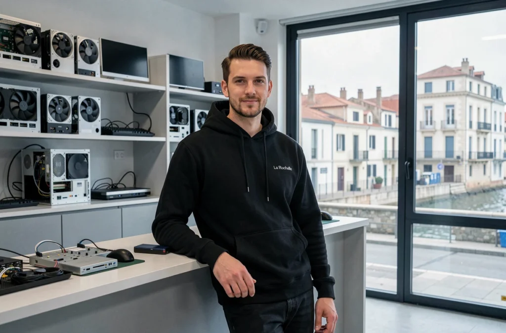 Technicien d'Inforgeek à La Rochelle dans son atelier de réparation informatique moderne
