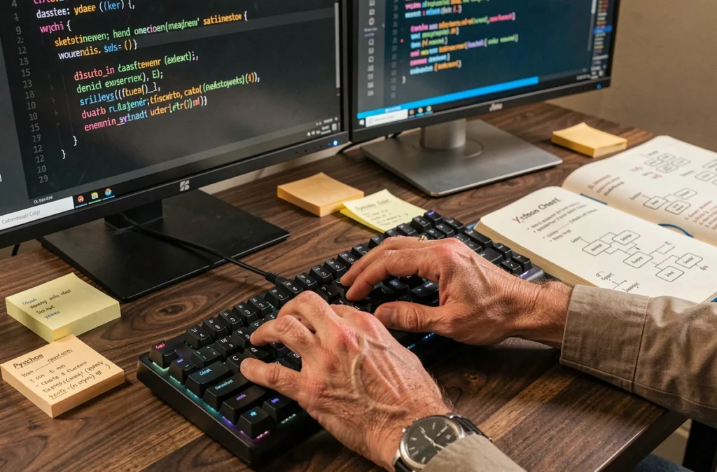 Gros plan sur des mains de développeur tapant du code Python avec des dictionnaires sur un clavier mécanique