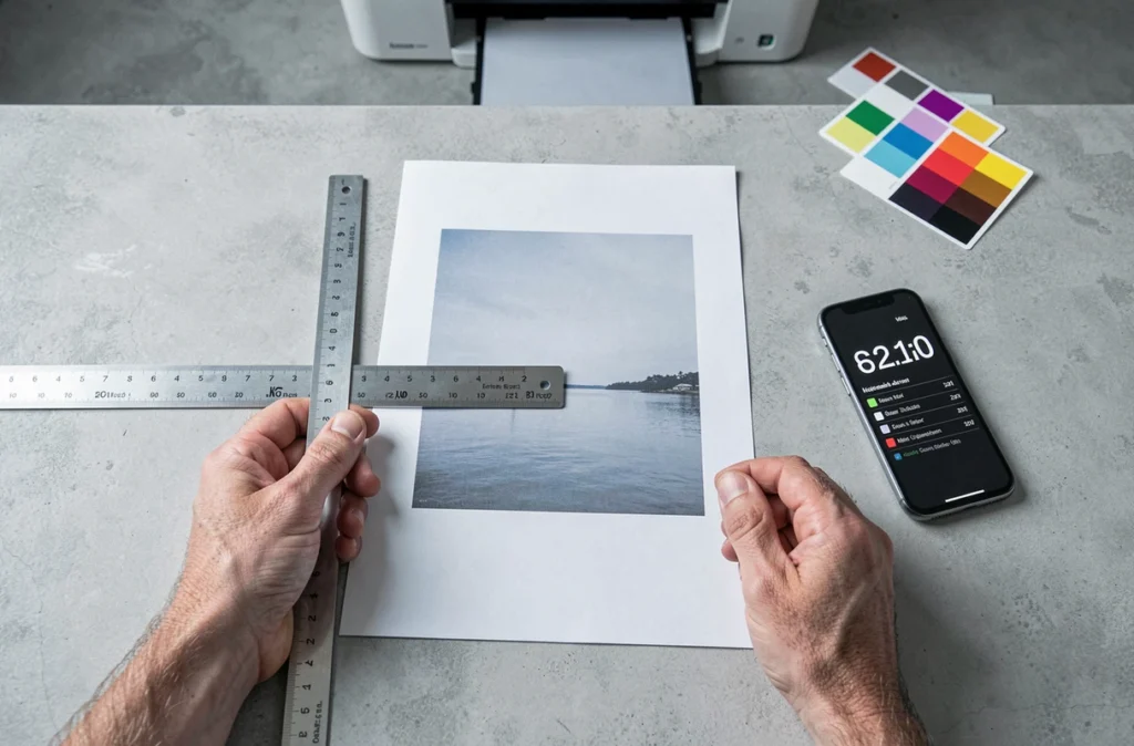 Mains mesurant une photo imprimée avec une règle en centimètres à côté d'un smartphone affichant la résolution en pixels