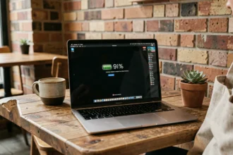 MacBook Air M1 ouvert sur une table de café en bois avec indicateur de batterie visible à l'écran, illustrant l'autonomie réelle de l'ordinateur portable Apple