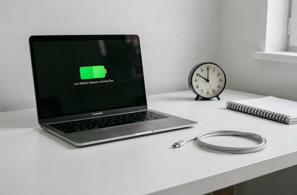 MacBook Air M1 posé sur un bureau minimaliste avec notification de batterie faible et câble de charge débranché, symbolisant le test d'autonomie loin du chargeur